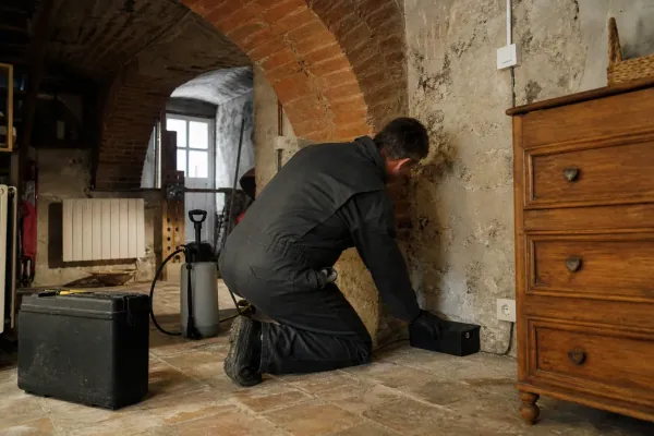 Dératisation à Albi : station d'appâtage posée dans une cave voûtée en brique cuite