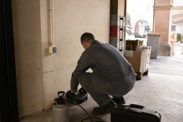 Dératisation à Montauban : station d'appâtage posée dans la réserve d'un commerce sous arcades